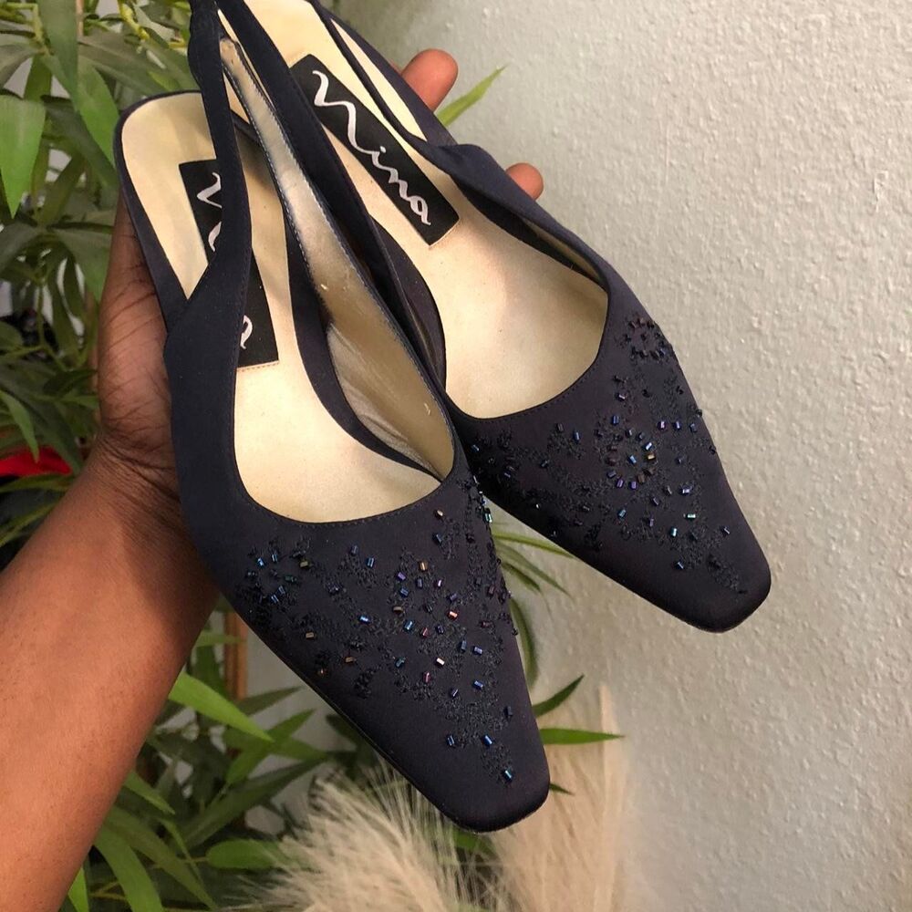 Coquette Fairy Dark Navy Blue pumps slingback mules pointed square toe heels - Picture 2 of 8